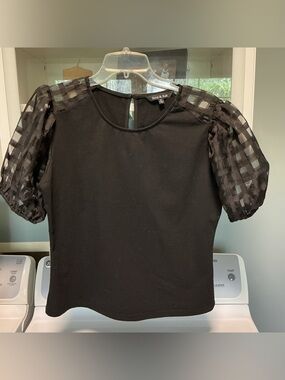 Strut & Bolt Sheer Organza Puff-Sleeve Black Top, Women’s Medium